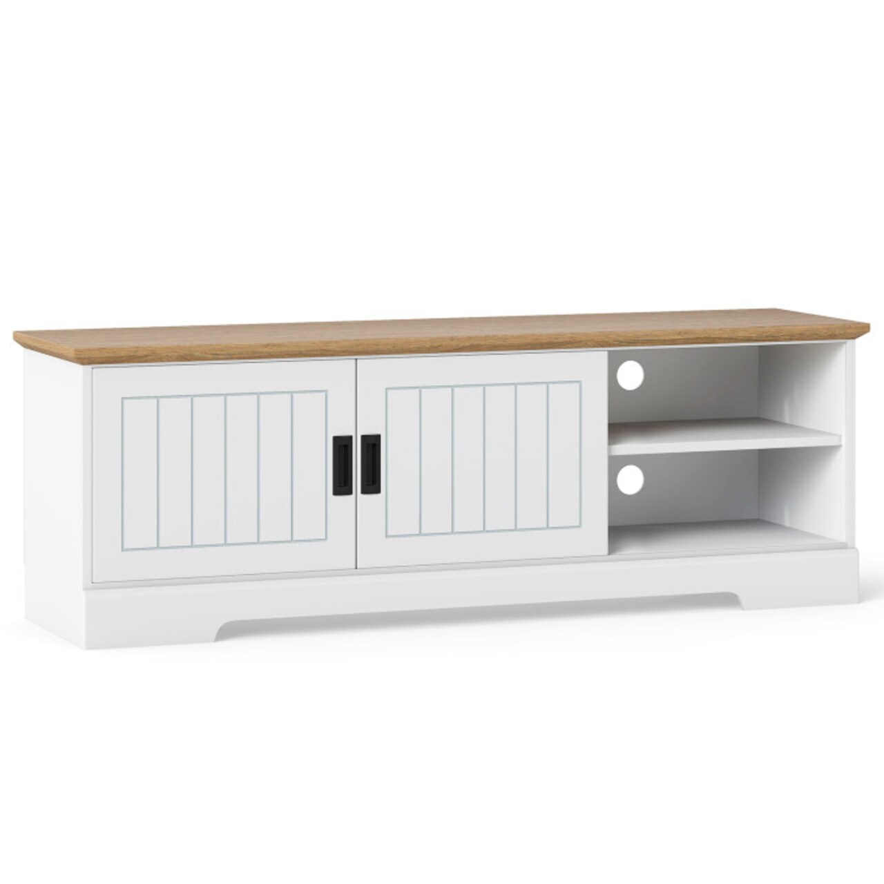 Farmhouse TV Stand for TVs up to 65 Inch with Sliding Doors and Storage Cabinets-White